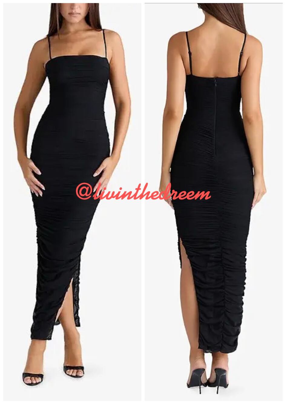 Venus Black Ruched Bodycon Side Slit Maxi Dress SZ M